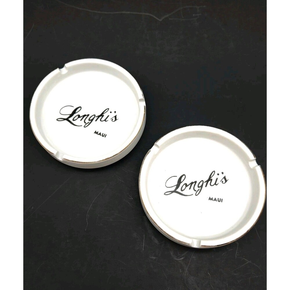 2 Vintage Ashtray Longhi's Maui Restaurant White Ceramic Black Graphic Gold Rim